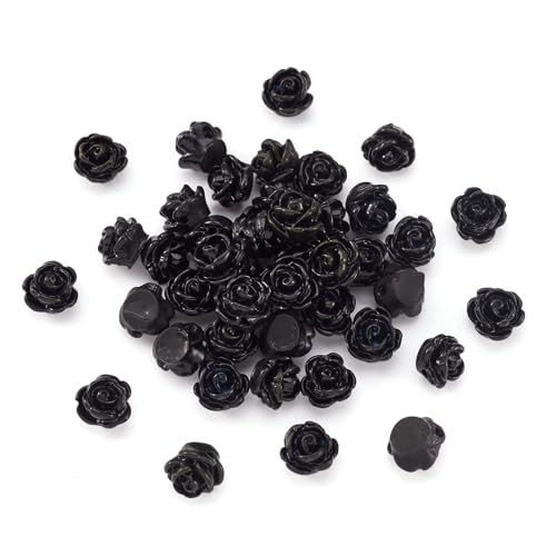 Beadthoven 50pcs Handmade Flat Base Opaque Resin Black Rose Flower Beads for DIY Beading Jewelry Making Necklace Bracelet Earring Supplies 9x7mm Hole: 1mm - color: Black Rose#9x7mm