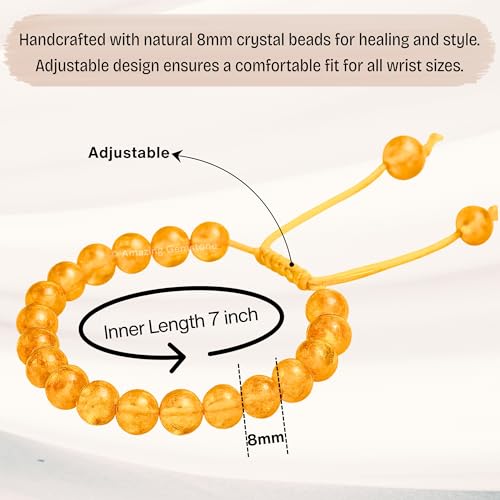 Amazing Gemstone Amber Quartz Bracelet for Women Men's Gifts - Protection Healing Crystal Bracelet - 8mm Gemstone Beaded Adjustable Bracelet Pulseras Para Hombres Mujer Stocking Stuffers - color: Amber