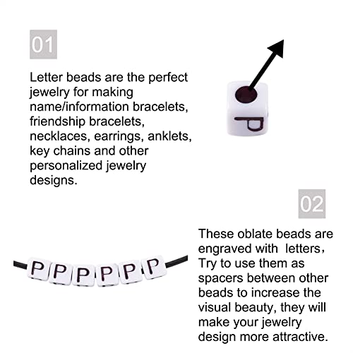 240pcs Opaque Acrylic Letter P Cube Beads White Plastic Alphabet Loose Spacer Square Beads 4-5mm for DIY Name Bracelet Necklace Jewelry Crafts Making Hole: 1.8mm - color: Letter P#White and Black