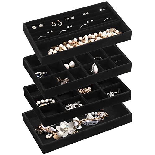 Frebeauty Jewelry Organizer Tray,Stackable Velvet Jewelry Trays,Drawer Inserts Earring Organizer For Women Jewelry Storage Display Case for Rings Stud Necklaces,Set of 4(Black) - color: Black, size: Set 4