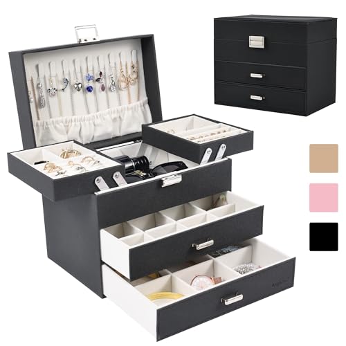 Dajasan Jewelry Organizer Box, Large Jewelry Boxes for Women Girls, Space-Saving 4 Layers Jewelry Storage Case with Drawer, Movable Metal Stand, Modern, Gift Idea (Black + Silver) - color: Black + Silver