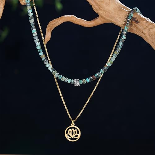 Plumiss Boho Handmade Natural Jasper Stone Beaded Crystal Mixed Strand Short Necklace for Women Girl - color: African Turquoise