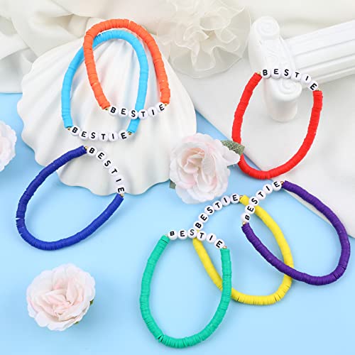 Rainbow Heishi Surfer Bracelets Set for Women Stackable Clay Beaded Bracelets Disc Stretch Preppy Bracelets Layering Colorful Friendship Bracelets Team Cheer Bulk Boho Summer Beach Jewelry Gift - style: BESTIE