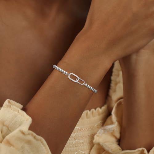 Mothers Day Gifts - Beaded Bracelets for Women 14K Silver Gold Plated Stretch Handmade Ball Bracelets Cute Charm Bracelet Dainty Stackable Cross Heart Bow Wave CZ Circle Trendy Jewelry Easter Gifts - color: zirconia-square-silver