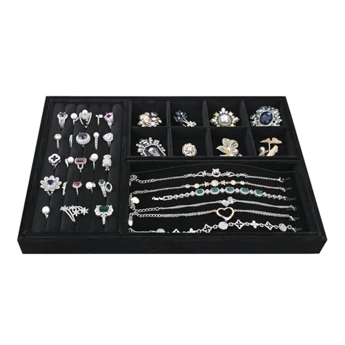 MOOCA Jewelry Display Set, Necklace Display Bust, Earring Organizer, Ring Holder Stand for Showcase and Store, Premium Fabric - color: 9a) 3 piece.Black Velvet Tray
