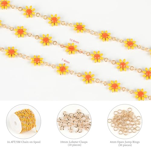 KYUNHOO 16.4FT/5M Jewelry Making Chain Roll Gold Plated Brass Chain for Crafting Beautiful Daisy Chain Spool with Jewelry Clasps for DIY Finding Supplies - color: Yellow Daisy