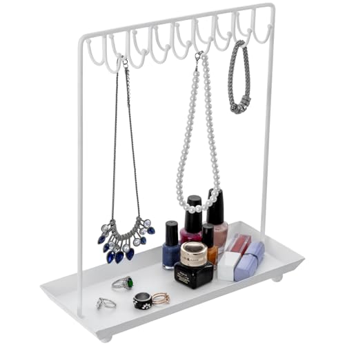MyGift White Metal Jewelry Organizer Stand for Necklaces with 20 Hooks and Ring Tray - color: White