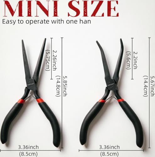 WISEUP 6" Mini Needle Nose Pliers Set，2-Piece Small Long Reach Bent Needle Nose Pliers for Jewelry DIY Craft，Repair & Wire Wrapping
