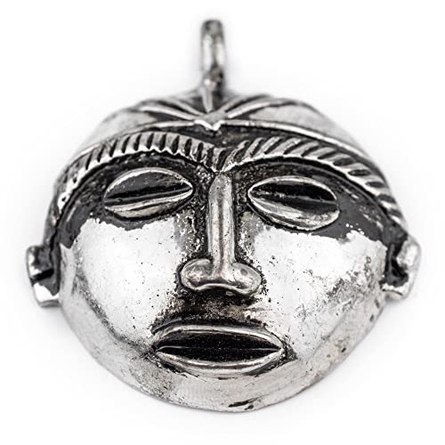 TheBeadChest Round African Silver Mask Pendant (58x62mm): Genuine West African Mask Design for DIY Jewelry & Necklaces - color: Silver, size: Medium (58x62mm)