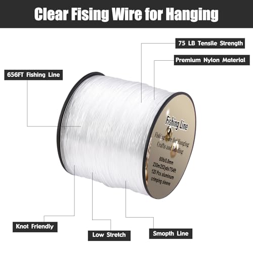 Strong Clear Invisible Hanging Wire 0.8mm 75 Lb, 754 FT (230m) Nylon Fishing Line with 120 Pcs Aluminum Crimping Sleeves for Crafts Beading Decorative Pictures Balloons Stringing Lights…