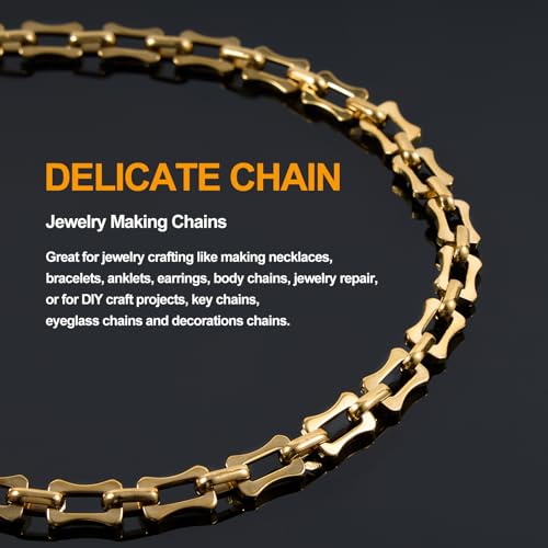 KYUNHOO 2 Meters Hollow Bone Link Jewelry Making Chains Bulk Gold Plated Stainless Steel Chain for Crafting DIY with Lobster Clasps and Jump Rings - color: Bone Gold