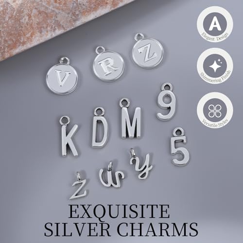LEOBRO Letter Charms, 376 Pcs Silver Charms for Keychain Making, Bracelet Necklace Charm & Jump Rings, Jewelry Making Supplies, Silver - color: Silver