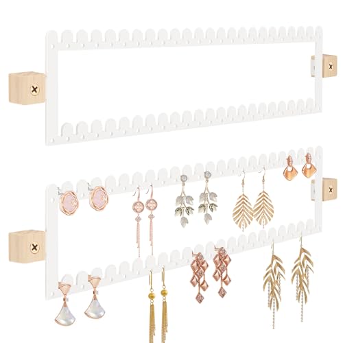 2 Tier Earring Holder Organizer Wall Mounted,2PCS Metal Earring Display Storage with 96 Holes and 92 Grooves Hanging Jewelry Organizer Tree for Stud/Hoop/Dangle Earrings Necklace(White) - color: White