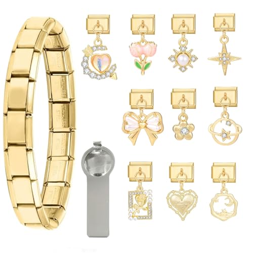 papasgix Italian Charm Bracelet Gold Set with Starter Brascelet, Assorted Charms and Opening Tools, 9mm Modular Italian Charm Bracelet Links Handmade DIY Jewelry Gifts Diamond Pendant