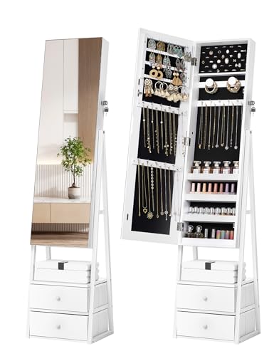 Nicetree Jewelry Cabinet Armoire with 2 Drawers, Lockable Standing Mirror Jewelry Cabinet, Full Length Mirror with Jewelry Storage, Gift Idea, White - color: White