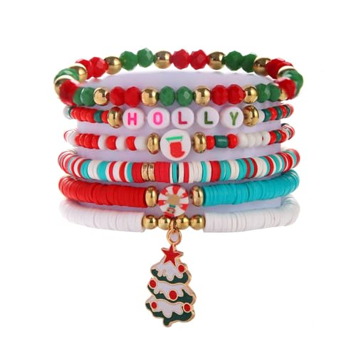 2024 Christmas Rainbow Beads Bracelet Set Colorful Santa Claus Snow Christmas Tree Pendant Bracelet Handmade Polymer Clay Disc Beaded Stackable Stretch Bracelet for Women Xmas Party Jewelry Gift