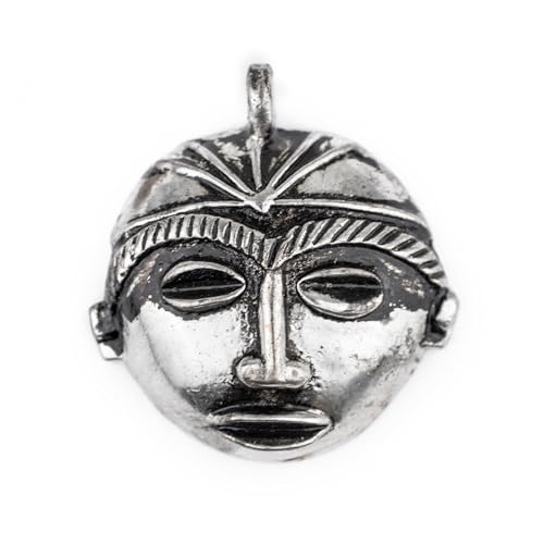 TheBeadChest Round African Silver Mask Pendant (58x62mm): Genuine West African Mask Design for DIY Jewelry & Necklaces - color: Silver, size: Medium (58x62mm)