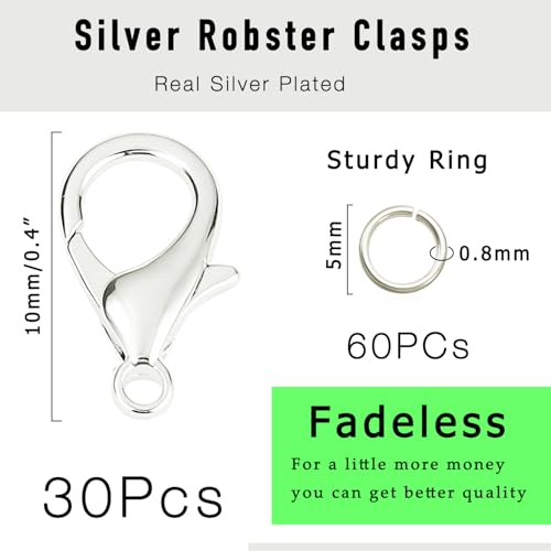 90PCs Fadeless Lobster Claw Clasps (10mm) & Jump Rings for Jewelry Making, Necklace Bracelet Findings & Supplies (Silver Plated) - color: Silver Plated