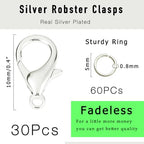 90PCs Fadeless Lobster Claw Clasps (10mm) & Jump Rings for Jewelry Making, Necklace Bracelet Findings & Supplies (Silver Plated) - color: Silver Plated