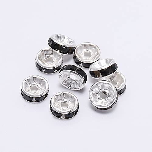 200PCS Rondelle Spacer Beads 6mm Silver Plated Czech Black Crystal Rhinestone for Jewelry Making - color: 200Pcs Silver Plated/Black, size: 6mm