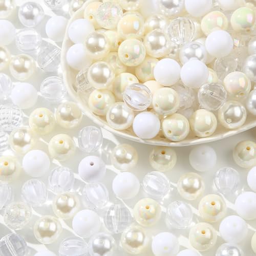 20mm Acrylic Beads 120pcs White Chunk Bubblegum Bead 20mm Multicolor Beadable Pen Ball Beads for Pen Bag Jewelry Making Necklace Bracelets (White) - color: white