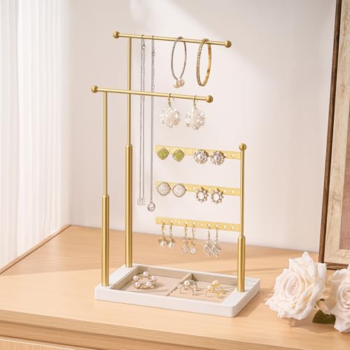 pickpiff Jewelry Organizer Holder Stand: 3 Tier Jewelry Storage Display for Necklace, Bracelet, Earring, Ring, White & Gold - color: gold & white