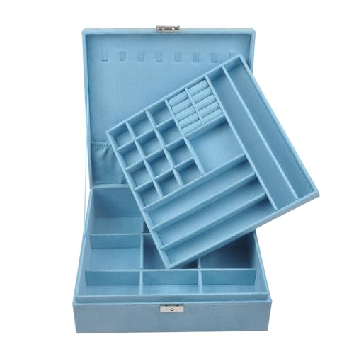 Jewelry Boxes 10 x 10 Inches 2-layer Handle Necklace Holder Organizer Jewellery Women Rings Storage Display Girls Earrings Case Lockable Jewelry Tray Blue GY641 (Blue, 2 Layer (3.34" H)) - color: Blue