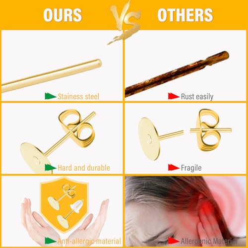 Earring Posts Stainless Steel, Flasoo 1200Pcs Hypoallergenic Earrings Posts and Backs, Gold Flat Pad Ear Ring Studs with Clutch for Earring Making and DIY Stud Earring Supplies - color: Gold