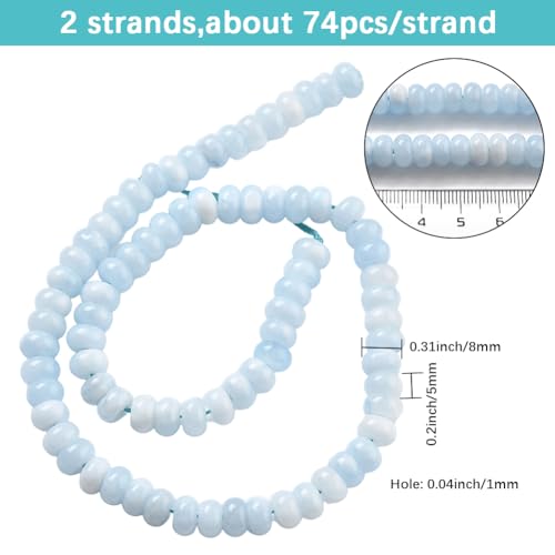 1 Box 2 Strands 148PCS 5X8MM Light Blue Natural White Jade Beads with Holes Rondelle Gemstone Crystal Stone Smooth Spacer Abacus Disk Charm Bead for Jewelry Making Earrings Diy Craft Supply - color: Light Blue, size: 148pcs