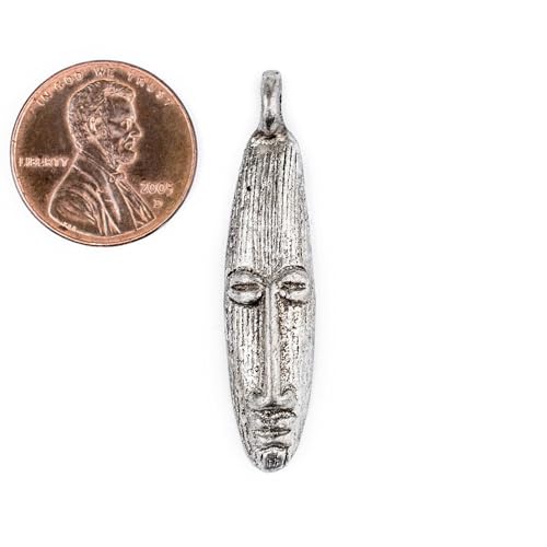 TheBeadChest Elongated Silver Mask Pendant from Africa (9x40mm): Genuine West African Mask Design for DIY Jewelry & Necklaces - color: Silver, size: Elonaged Charm (45x10mm)