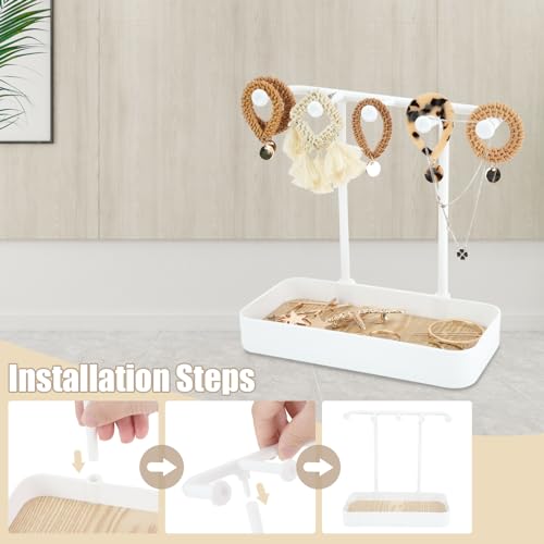 WCHOSOZH Jewelry Organizer Stand, Necklace Holder with Wooden Tray 5 Storage Hooks, Earring Holder with 5 Pcs Jewelry Bags for Bracelet,Chains,Rings,Earrings,Keys Watches,Necklaces (White) - color: White
