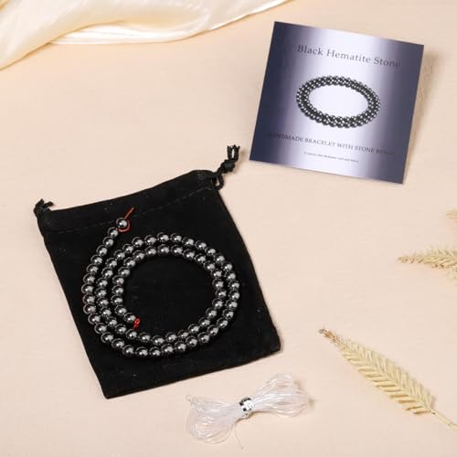 Stone Beads, 60pcs Black Hematite, 6mm Round Loose Beads for Jewelry Making, Bracelets, with Bag, String & Card - color: Black Hematite, size: 6mm