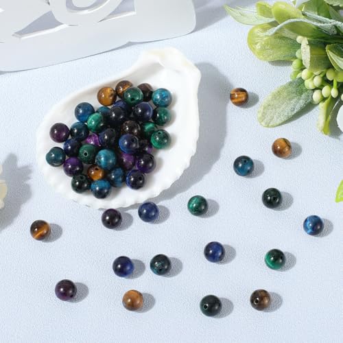 1 Box 8MM 60PCS 5 Colors Tiger Eye Beads with Holes Natural Round Colorful Gemstone Smooth Polished Loose Spacer Bead Bulk for Jewelry Making Earrings Bracelets Necklaces DIY Craft Supply - size: 8MM 60pcs