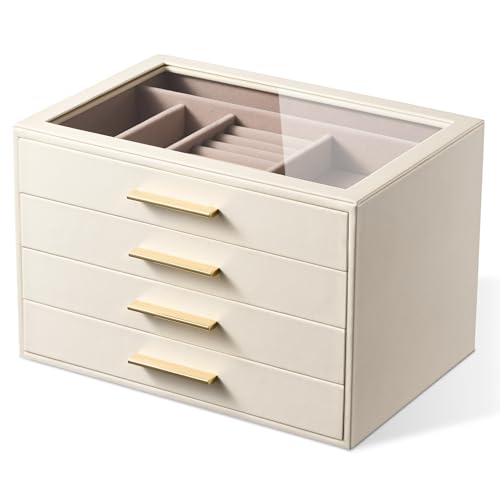pickpiff Jewelry Box Organizer Case for Women: 4-Layer Jewelry Storage Case with Glass Window, Ivory Leather with Pink Velvet, Holder for Ring Necklace Bracelet Brooch Watch, Great Gift for Her - color: White, size: 4 layer