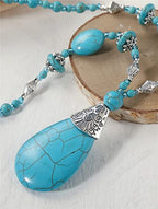 Boho Turquoise Long Beaded Necklace Natural Stone Pendant for Women Vintage Ethnic Alloy Turquoise Western Pendant Jewelry-A