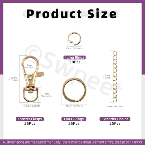 Swpeet 125Pcs Golden Keychain Making Set, 25Pcs Swivel Lanyard Snap Hook, 25P Keychain Ring, 25P Extender Chains, 50P Open Jump Rings, Swivel Lobster Clasps, Keychains Clips - color: Golden