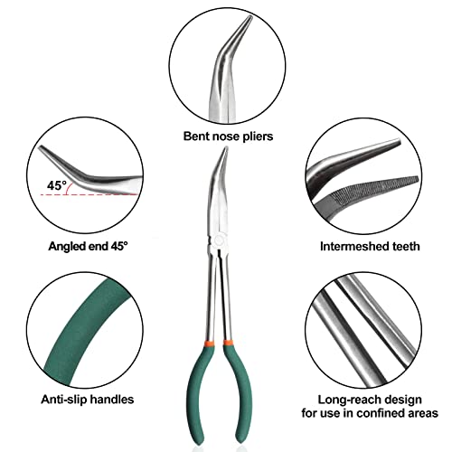 SPEEDWOX Long Reach Bent Nose Pliers 11 Inches 45 Degree Intermeshed Teeth Precision Fine Pliers for Hard to Reach Narrow Spaces High Leverage Reduce Efforts Non-slip Handle - style: 45°Bent Nose Pliers