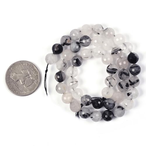 Black Rutilated Quartz 8mm Gemstone Faceted Round Loose Strand Beads for DIY Necklace Bracelet Jewelry Making 15 Inch - color: Black Rutilated Quartz