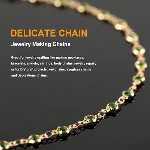KYUNHOO 16.4ft Jewelry Chain for Crafts Making, Green Glass Bead Necklace Chains Bulk for Women with Jump Rings and Lobster Clasps Jewelry Findings - color: Green Bead-Gold