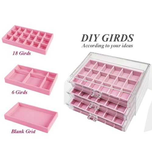 YUFONG Earring Organizer Box Acrylic Jewelry Organizer with 3 Drawers 54 Adjustable Grids Clear Stackable Earring Holder Velvet Trays Ring Display Case for Women Girls (Pink) - color: Pink