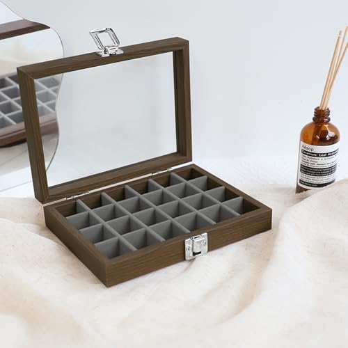 Wudygirl Small Jewelry Box Wooden Jewelry Organizer 24 Grid Ring Holder Earring Box with Lid Earring Holder Organizer for Women Jewelry Display Case Ring Storage for Drawer (Gray) - style: Wood Gray 24 Grid