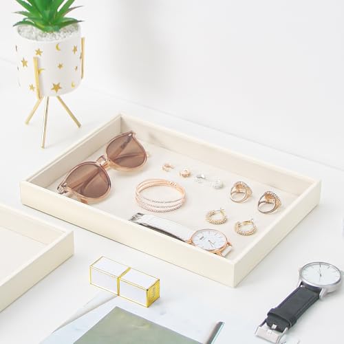 Stackable Jewelry Organizer Tray For Drawers,White Leather Small Earring Storage Tray,Bracelet And Necklace Display Box,Jewelry Ring Display Case (Creamy White Blank Trays) - style: Creamy White Blank Trays