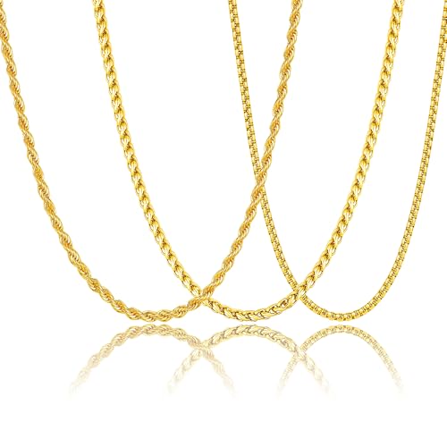 Graduation Gifts -3 Pcs Chain for Men Necklace for Boys 316L Stainless Steel Cuban Link/Figaro/Herringbone Chains Set Jewelry Gifts for Men Women Boys Black/Gold/Silver 16/18/20/22/24 Inches - color: Type B-Gold, size: 16''
