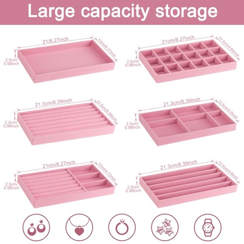 12Pcs Velvet Stackable Jewelry Trays, Jewelry Drawer Organizer, Large Removable Display Jewelry Tray, Necklace Bracelet Storage Box for Earring, Ring, Brooch, Watch (Pink) - color: Pink
