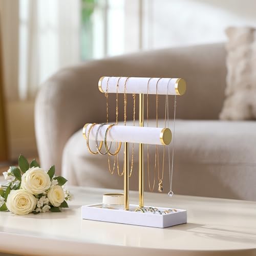 bussdis 2 Tier Bracelet Holder Display - Detachable T Bar White Velvet Bracelet Holder, Jewelry Holder Organizer for Bracelet, Necklace, Earrings, Rings - color: White