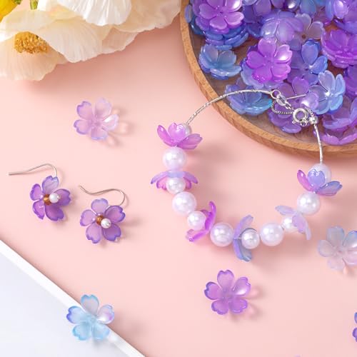 100pcs Cherry Blossom Beads, 5-Petal Gradient Acrylic Flower Beads, Mini Spacer Hair Accessories Halloween Christmas for Bracelets Earring Jewelry Making- Purple - color: Purple