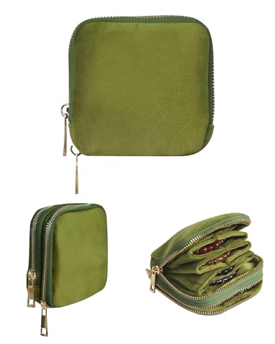 Stratalife Travel Jewelry Case Organizer 2-Layer Compact Storage Bag for Rings Earrings Necklace Bracelet Portable Velvet Jewelry Pouch with Zippers Accessories Travel Essential Gift for Women Green - color: Green