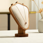 TANG SONG 8.27" Walnut Wooden Base Leather Soft Mat Necklace Display Stand Jewelry Organizer Holder (Walnut-Beige) - color: Walnut-Beige
