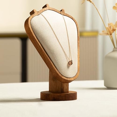 TANG SONG 8.27" Walnut Wooden Base Leather Soft Mat Necklace Display Stand Jewelry Organizer Holder (Walnut-Beige) - color: Walnut-Beige