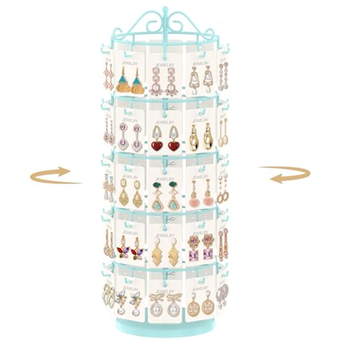 MODOWEY Earring Card Display Stand for Vendors, 50 Hooks Metal Rotating Organizer Rack Holder, 5 Tier Adjustable Jewelry Tree for Stud Pierced Dangle Selling, Boost Sales Compact Earing Hanger, Blue - color: Blue